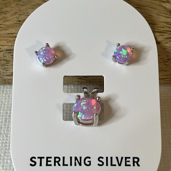 Solid Sterling Silver Post Earrings Pendant Set Lab Pink Opal - Picture 4 of 5